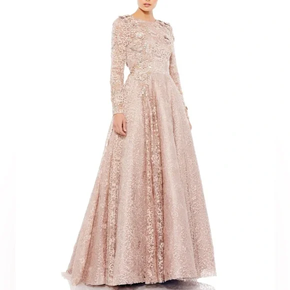 NWT MacDuggal 11121 Mocha Embellished Illusion Long Sleeve A-Line Ball Gown-Sz 8 - Picture 1 of 15